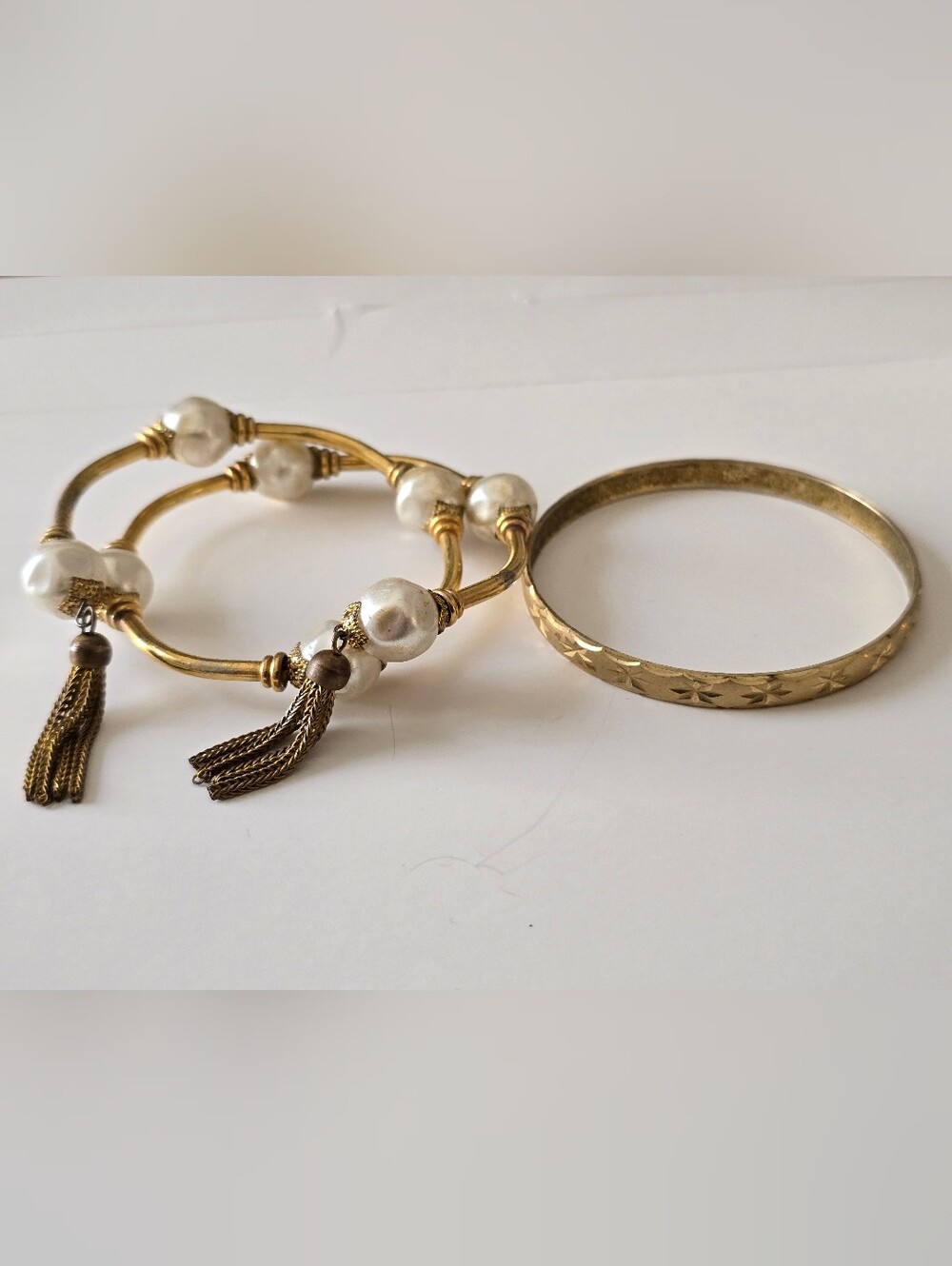 Gold Pearl Tassel Bangle Bracelet Set